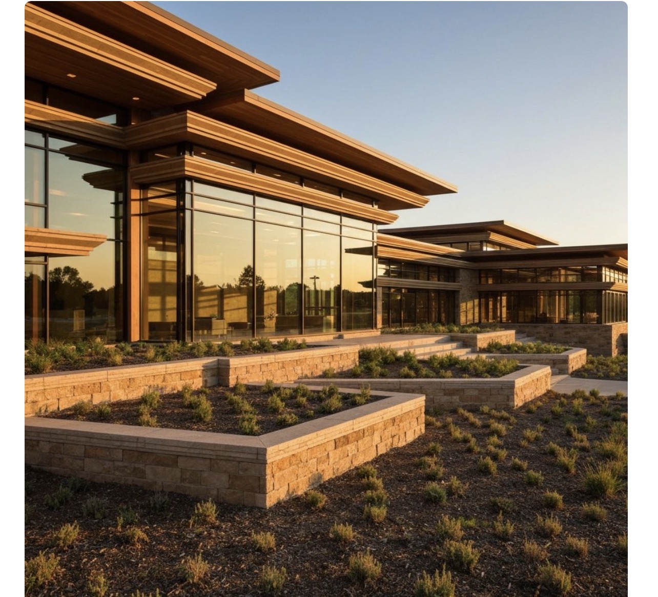 Frank Lloyd Wright prairie style museum with horizontal lines, natural stone terracing, and floor-to-ceiling glass