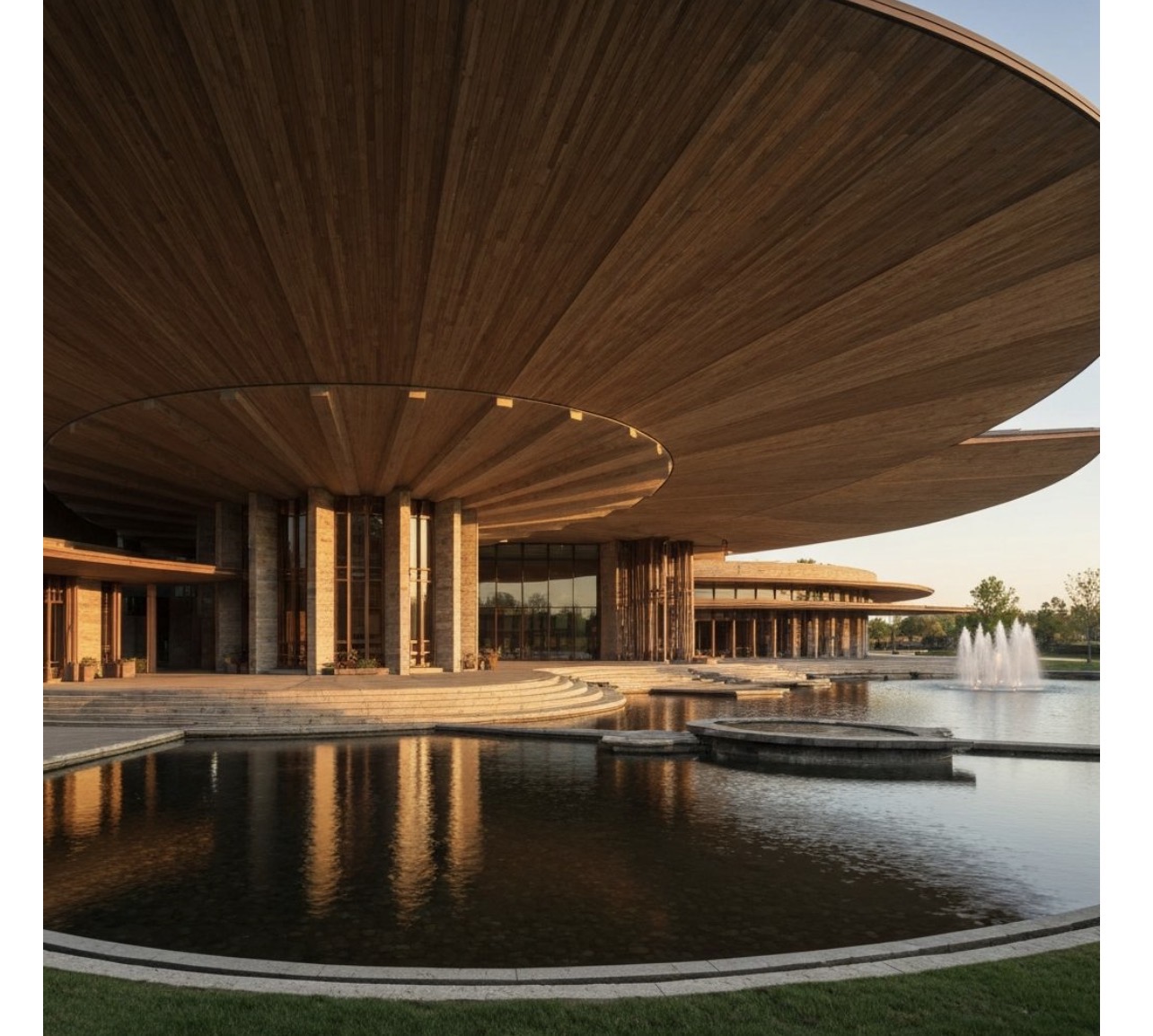 Circular museum pavilion with dramatic cantilevered disc roof, reflecting pools, and natural stone