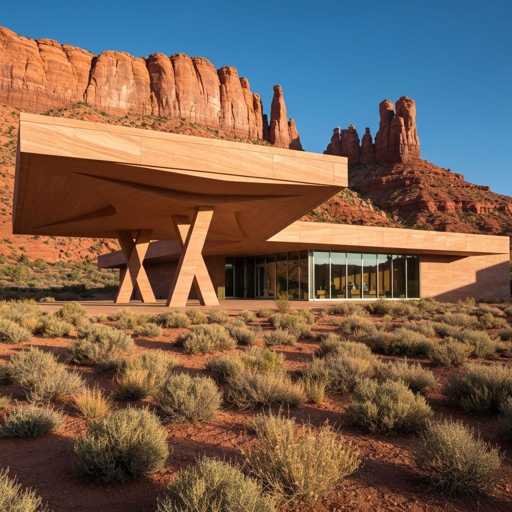 Pinnacle Museum in desert landscape with geometric pavilion design and natural stone integration