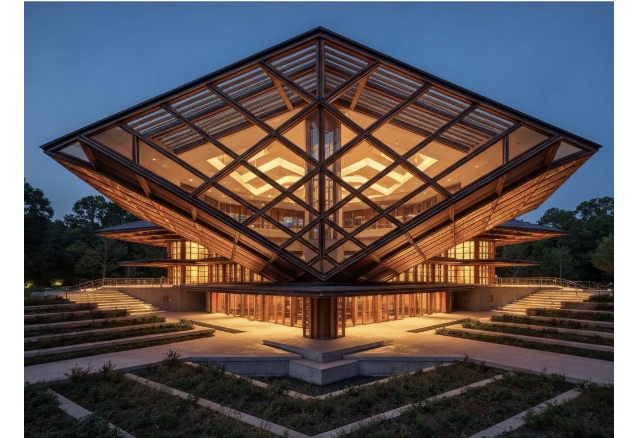 Pinnacle Museum diamond-shaped structure with geometric glass design and evening illumination