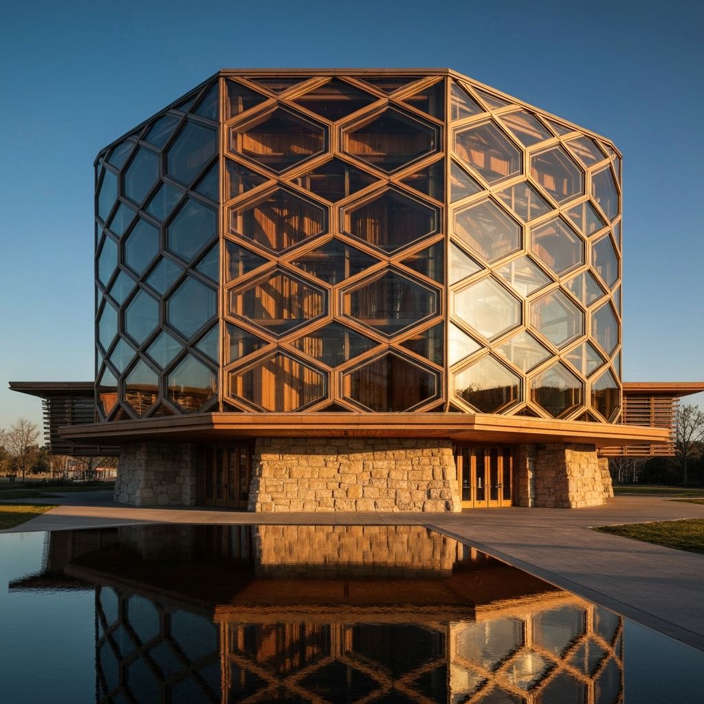 Revolutionary hexagonal museum building with complex geometric glass panel assembly