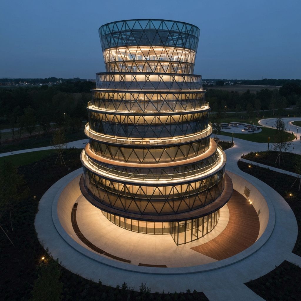 Breathtaking spiral museum tower with ascending geometric glass segments
