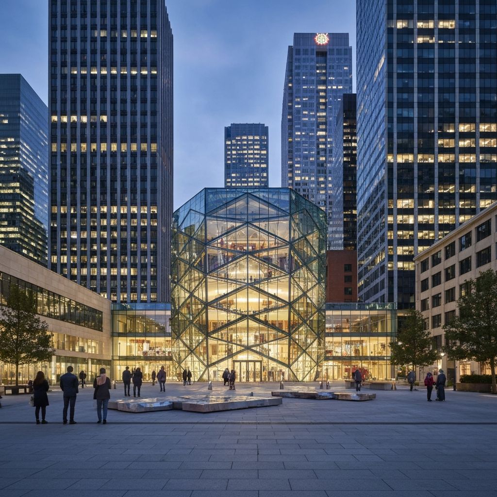 Pinnacle Museum in modern city with striking geometric design and urban plaza